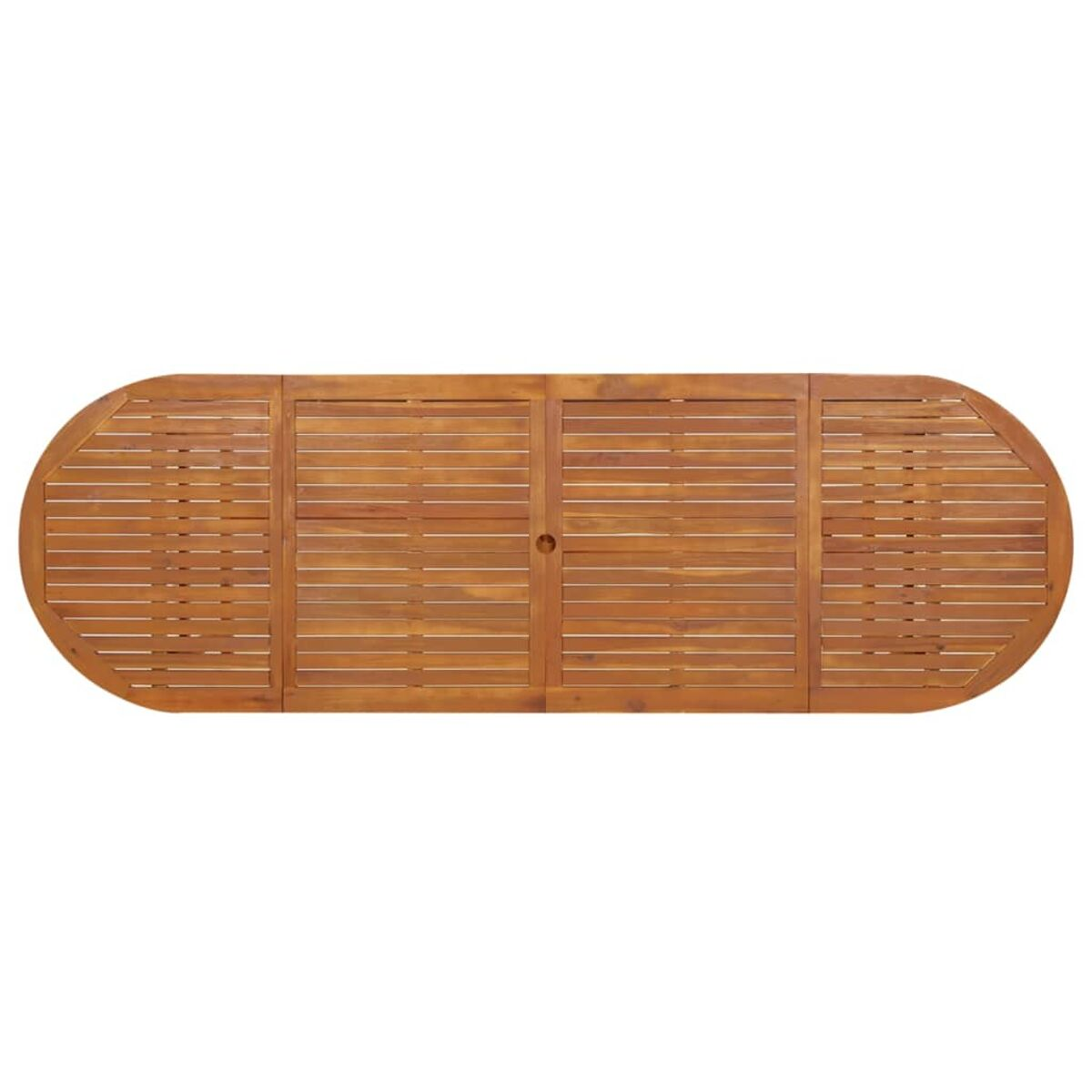 Ovaler Holztisch, Draufsicht. Lamellendesign, mit einer Mittelfuge. Hellbraune Holzfarbe.