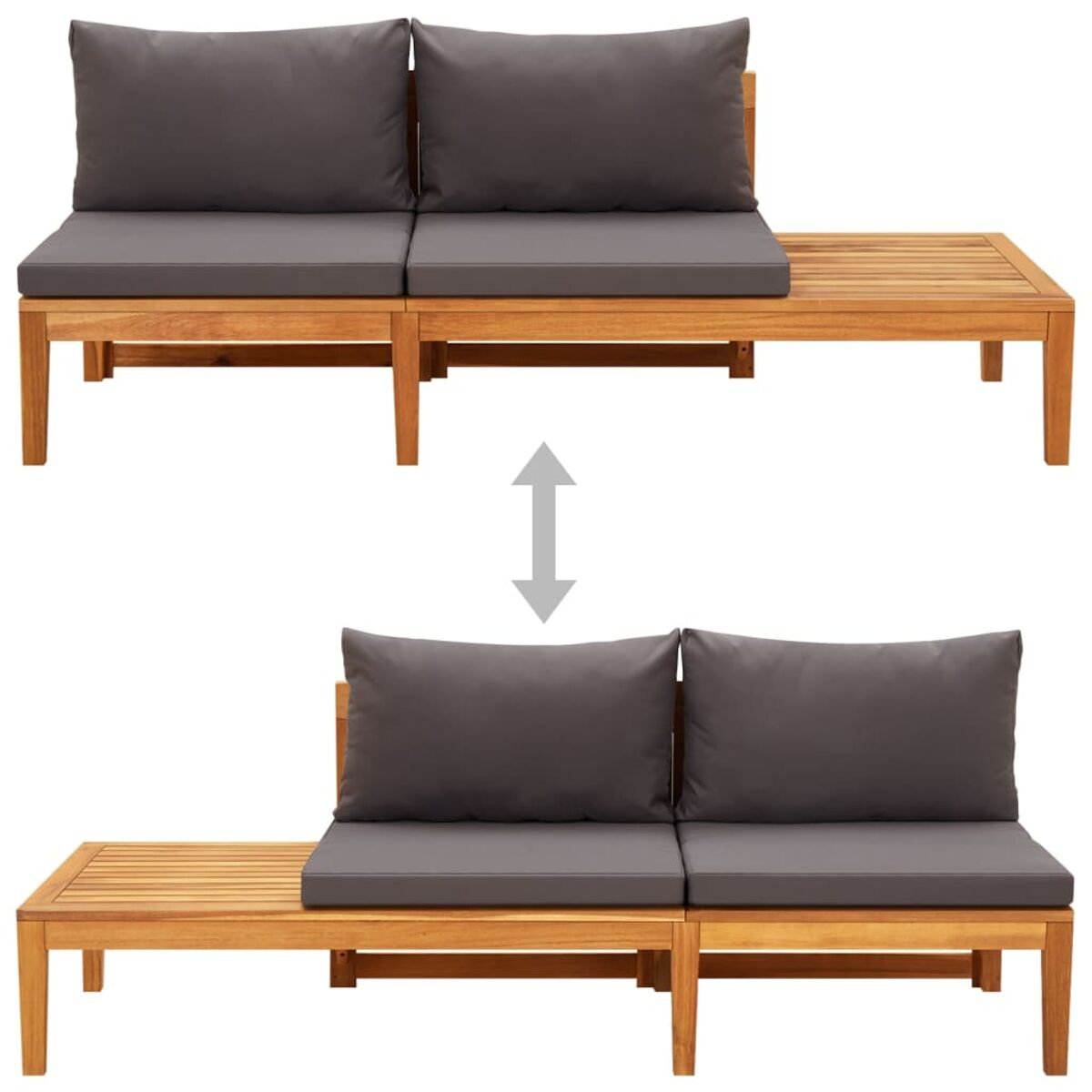 Zweisitziges Holzsofa mit grauen Kissen und passendem Beistelltisch. Zeigt die Anpassung.