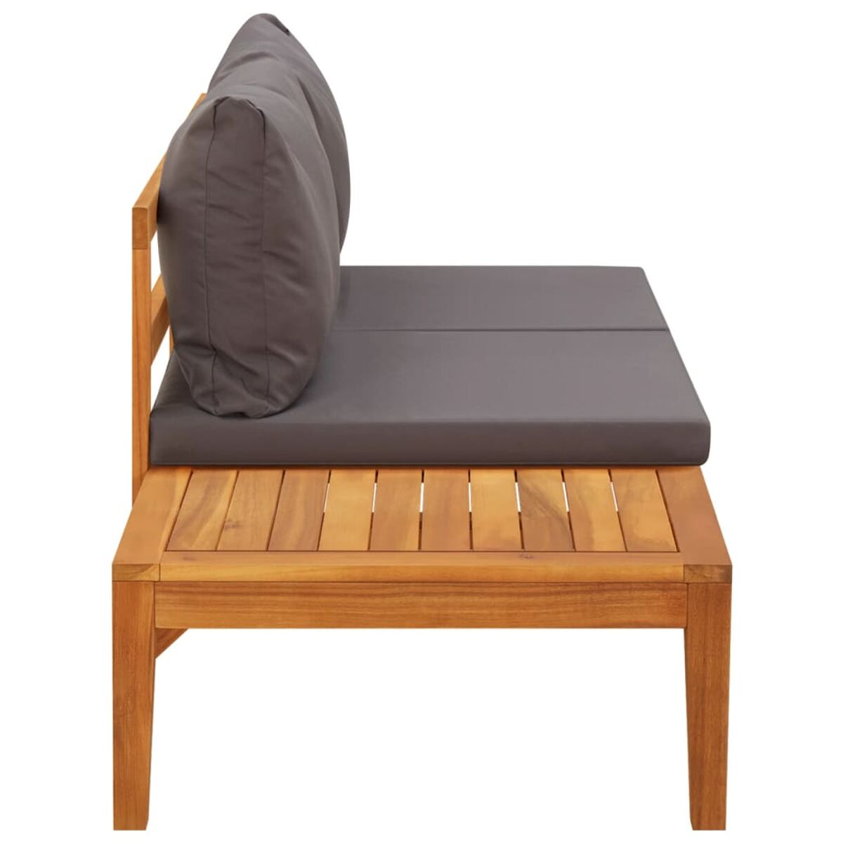 Outdoor-Sofa aus Holz mit grauen Kissen. Es hat eine tischartige Basis und zwei Rückenkissen.