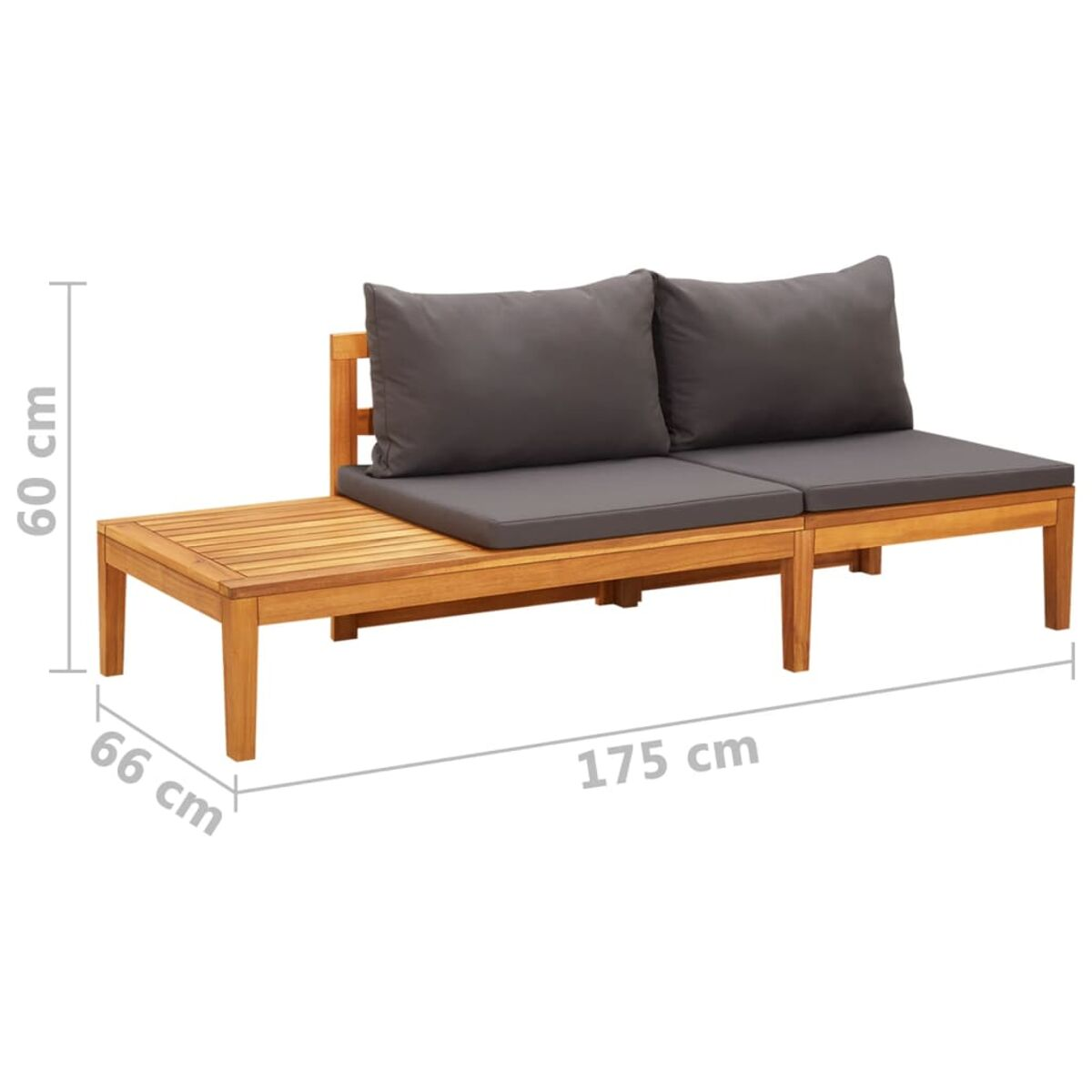 Ein Holzsofa mit grauen Kissen und einem Beistelltisch. Abmessungen sind angegeben.