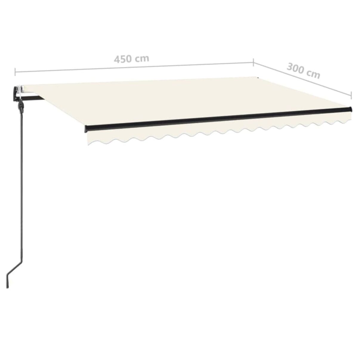 Beige ausziehbare Markise, Maße in cm. Die Markise ist ausgefahren und an einer Wand befestigt.