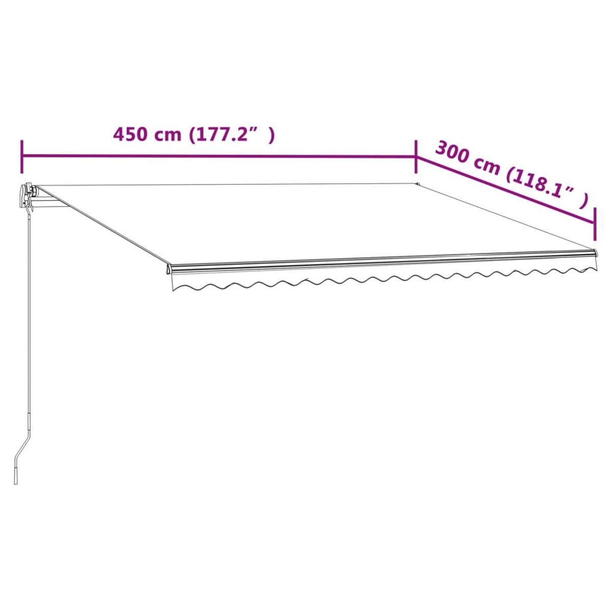 Eine weiße Markise, Maße sind 450 cm x 300 cm, ausgefahren, vor weißem Hintergrund.