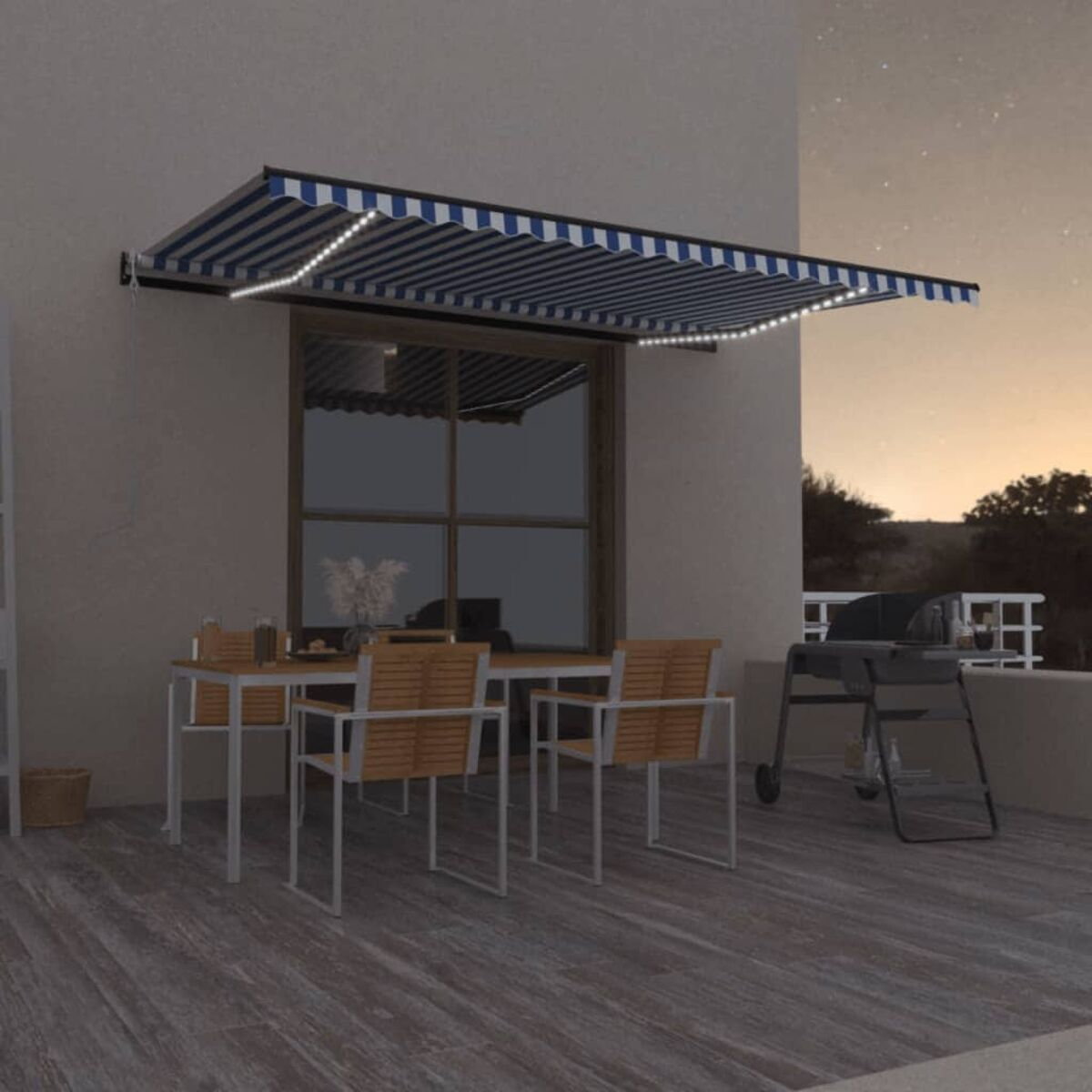 Terrassenszene mit Markise. Tisch mit Stühlen, ein Grill und Abendhimmel.