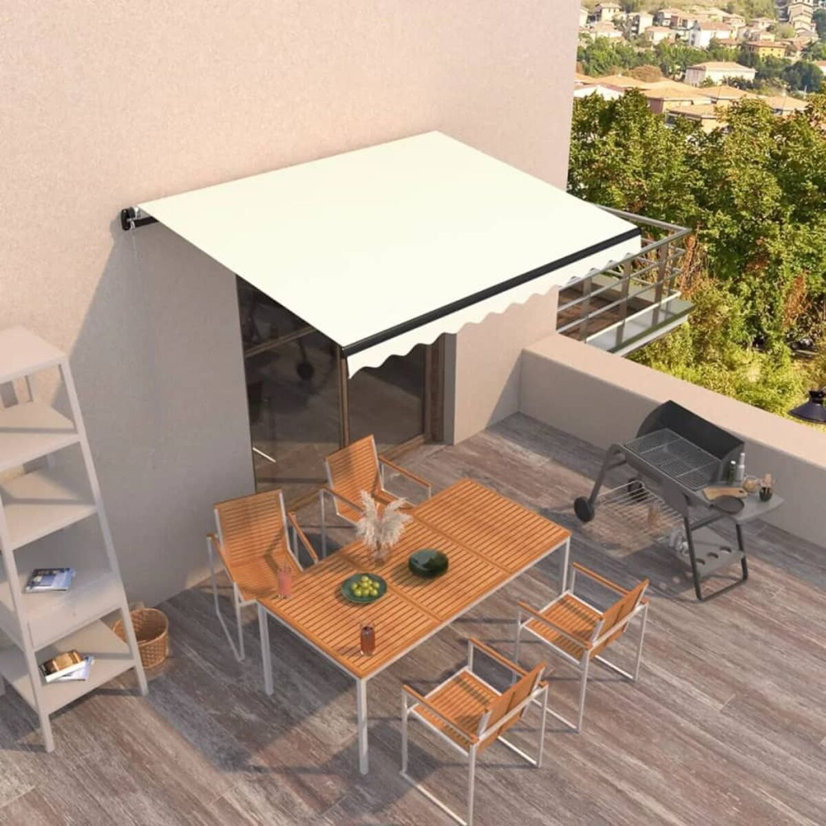 Terrasse mit weißer Markise, Tisch, Stühlen und Grill, mit Blick auf eine malerische Aussicht.