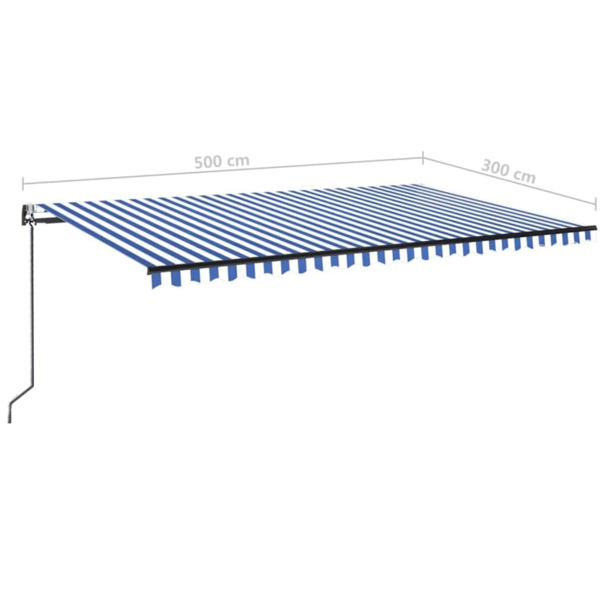 Blau-weiß gestreifte Markise mit den Maßen 500x300 cm, an der Wand montiert.