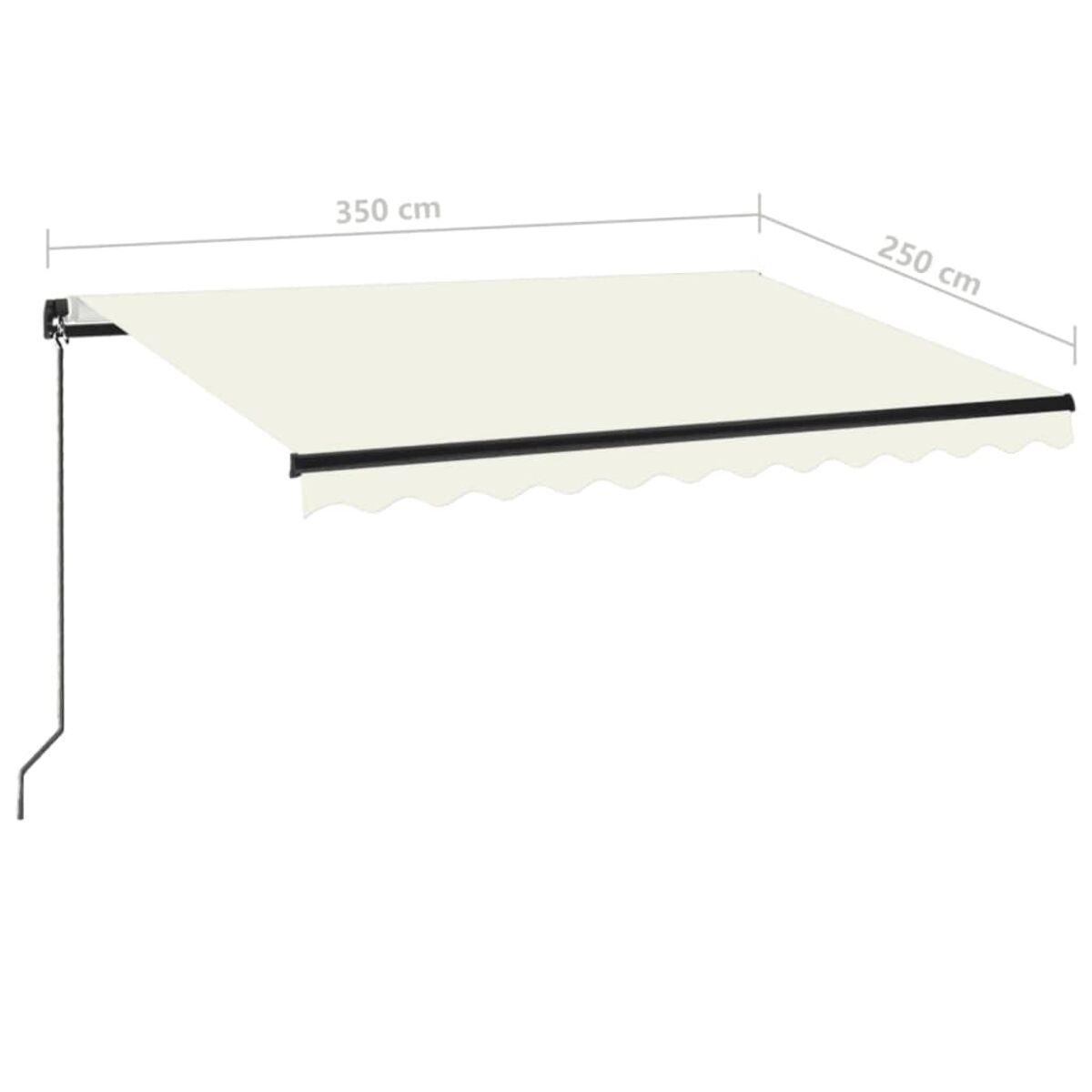 Cremefarbene Markise. Maße: 350x250 cm. Die Markise ist von einer Wand ausgefahren.