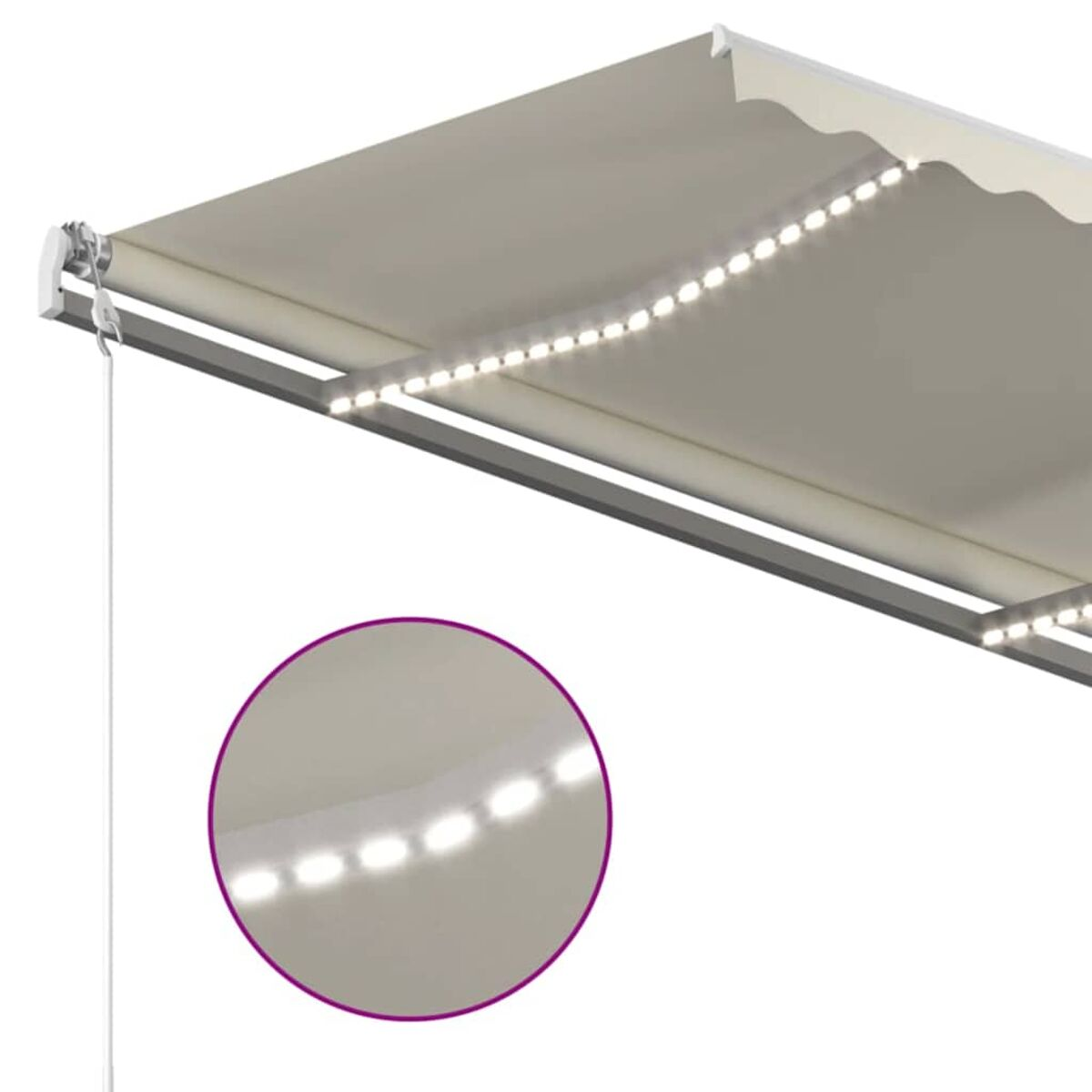 Nahaufnahme einer Markise mit LED-Leuchten. Die Lichter sind in einem Streifen.