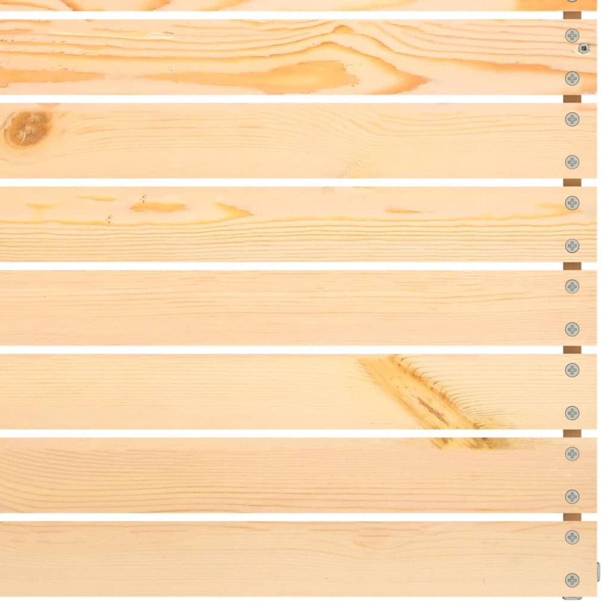 Nahaufnahme von Holzbrettern mit Schrauben, die die Holzmaserung und Konstruktionsdetails zeigen.