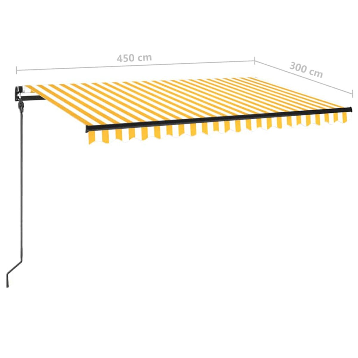 Gelb-weiß gestreifte Markise. Maße sind 450 cm x 300 cm.