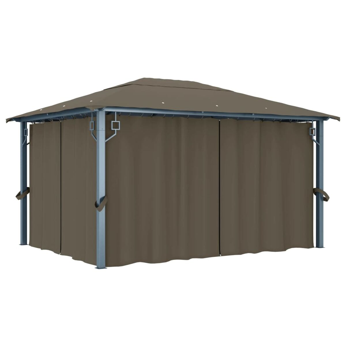 Pavillon mit braunen Vorhängen. Grauer Rahmen, braunes Dach. Seitenansicht.