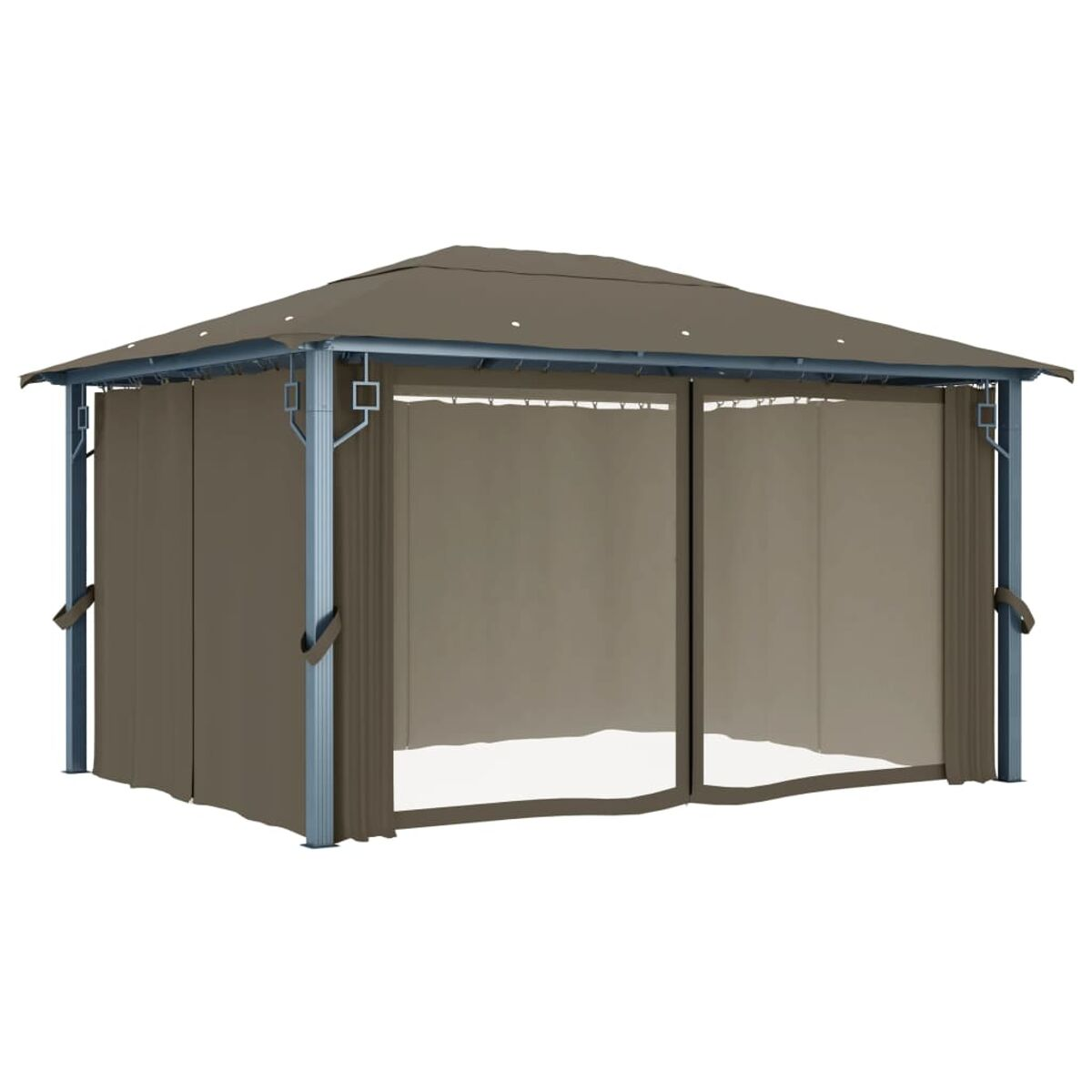 Brauner Pavillon mit drapierten Vorhängen. Metallrahmen. Der Pavillon befindet sich auf weißem Hintergrund.