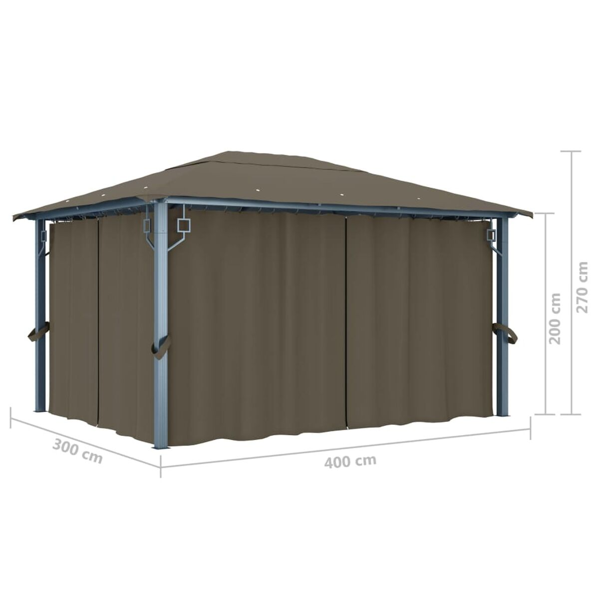 Brauner Pavillon mit Vorhängen. Abmessungen sind beschriftet. Weißer Hintergrund.