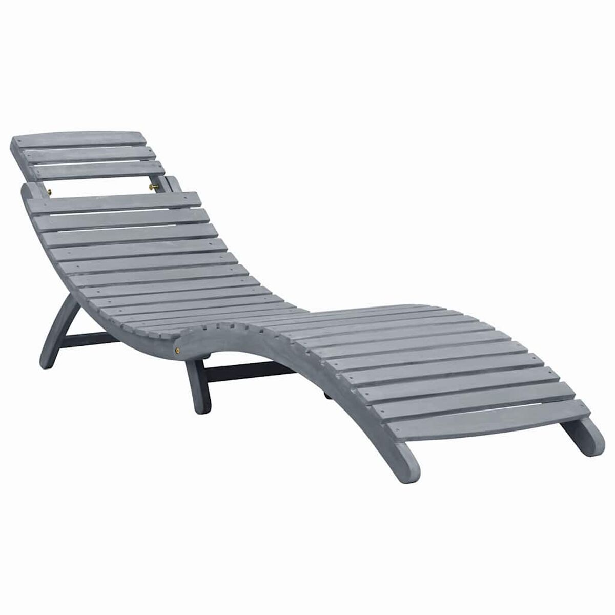 Graue Holzliege mit geschwungenem Design. Lamellen bilden Sitz und Rücken, mit einem Rahmen.