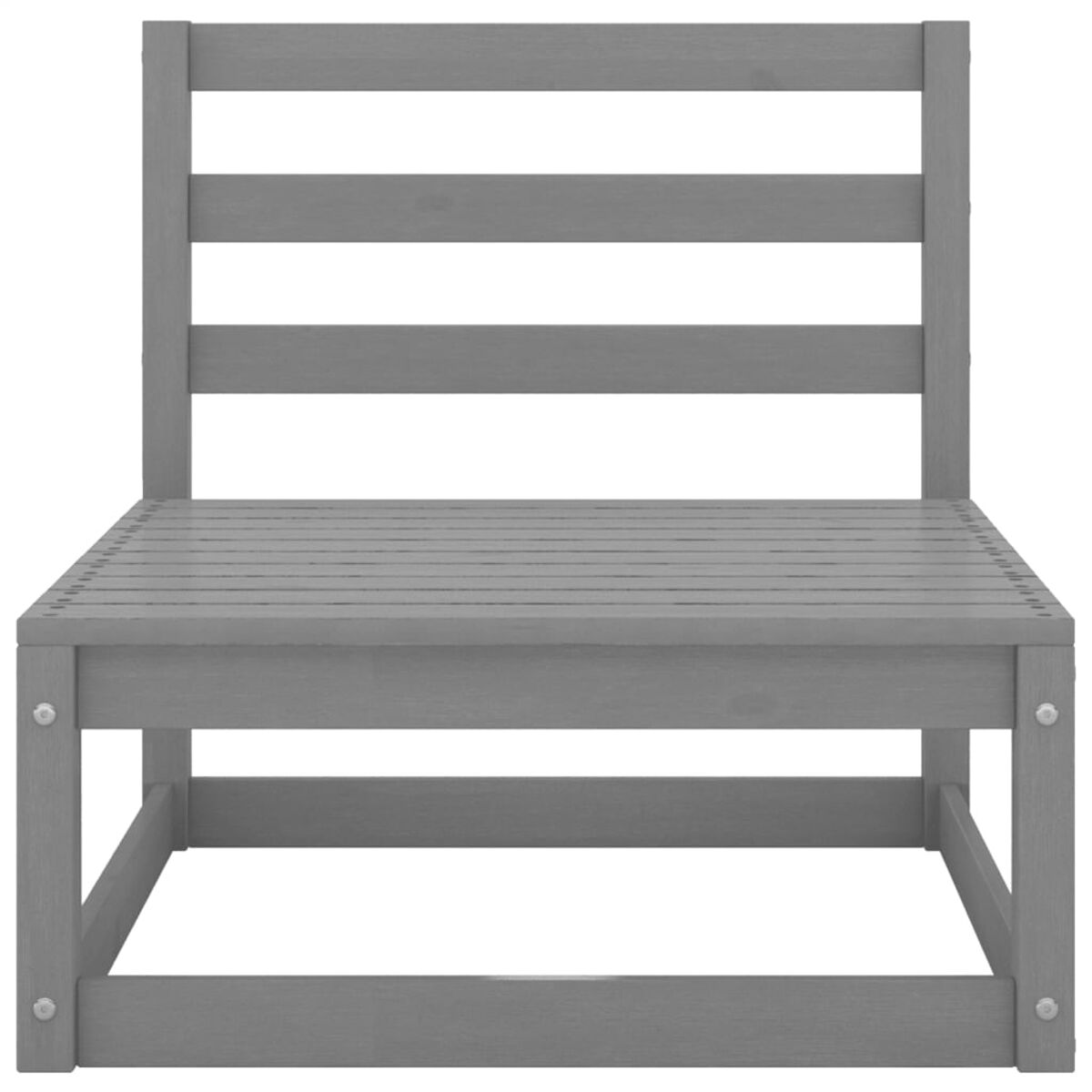 Grauer Outdoor-Stuhl aus Holz mit horizontalen Rückenleisten und flacher Sitzfläche. Weißer HG.