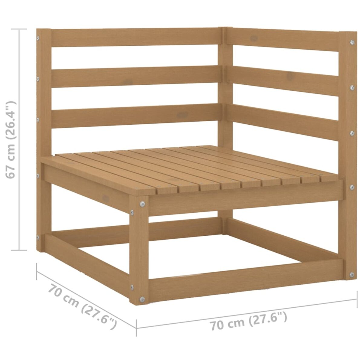 Eck-Holzsitz mit den Maßen 70 cm, 70 cm und 67 cm. Braune Holzstruktur.