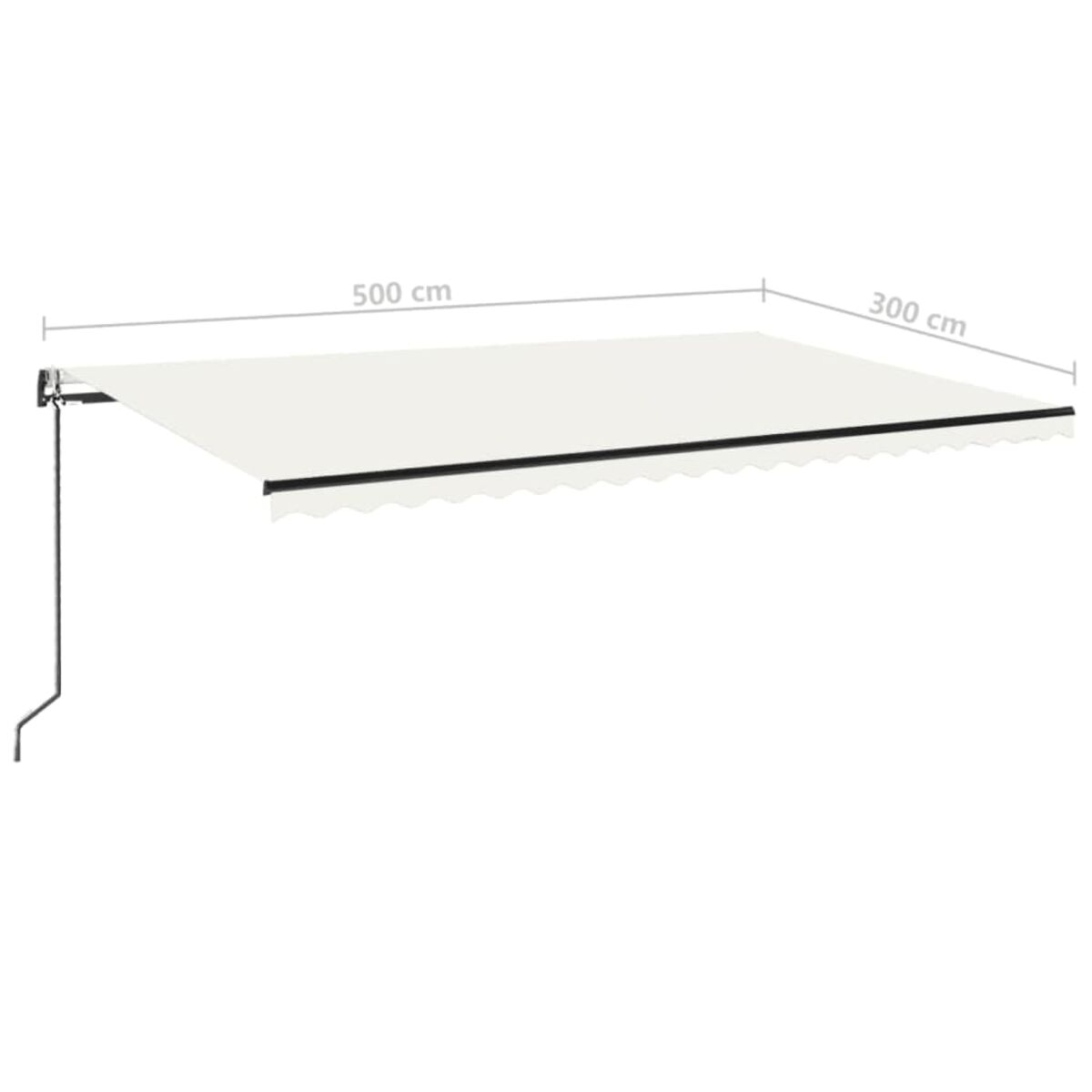 Eine weiße Markise mit den Maßen 500 cm x 300 cm vor weißem Hintergrund.