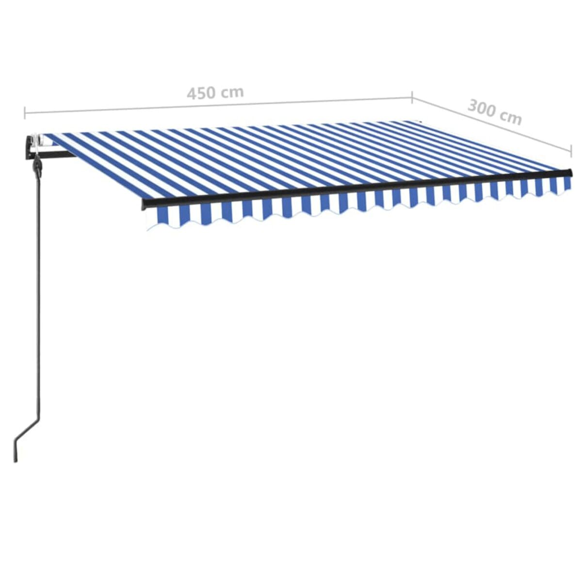 Blau-weiß gestreifte Markise. Maße sind 450x300cm. Schwarzer Stützarm.