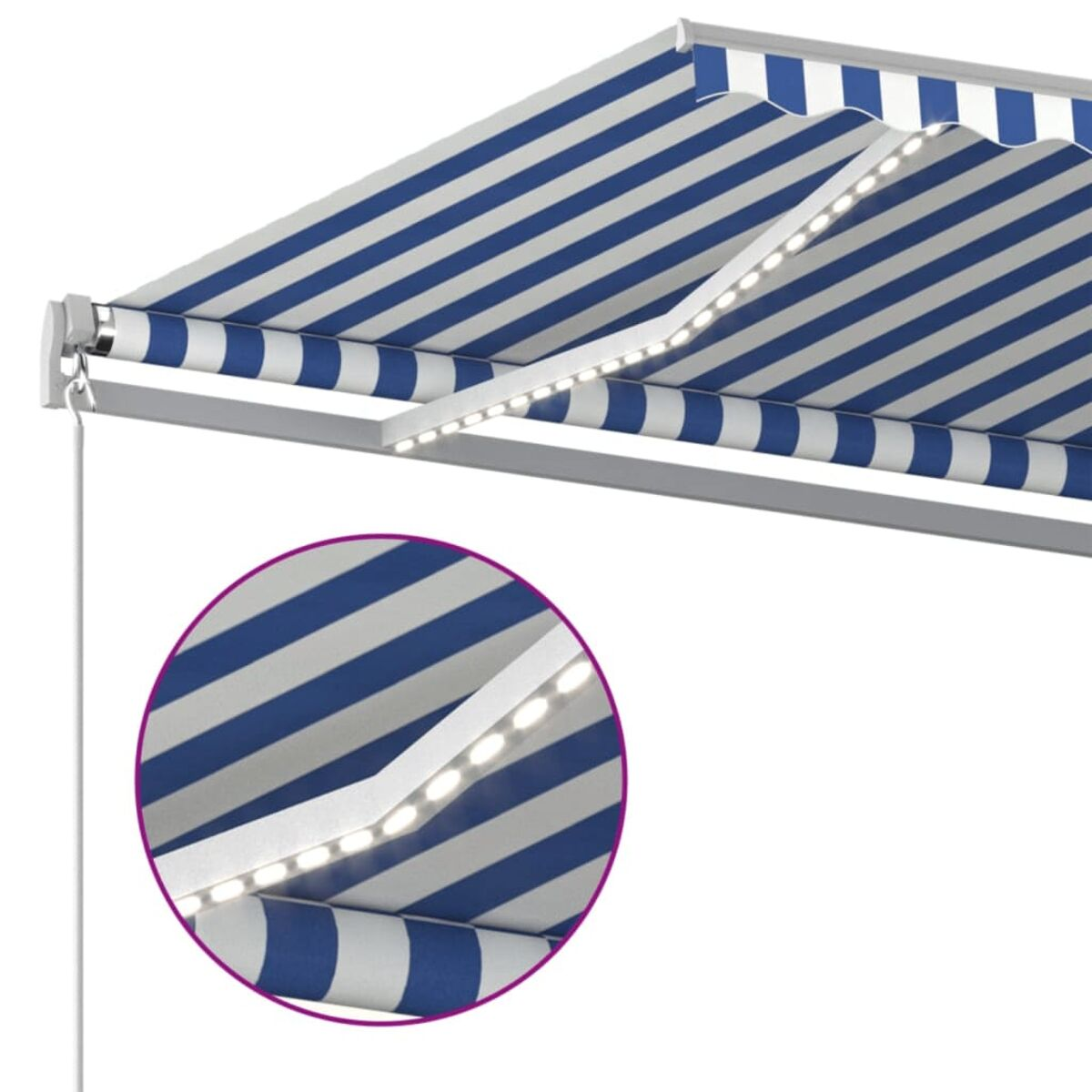 Blau-weiß gestreifte Markise mit LED-Lichtern und Detailaufnahme.