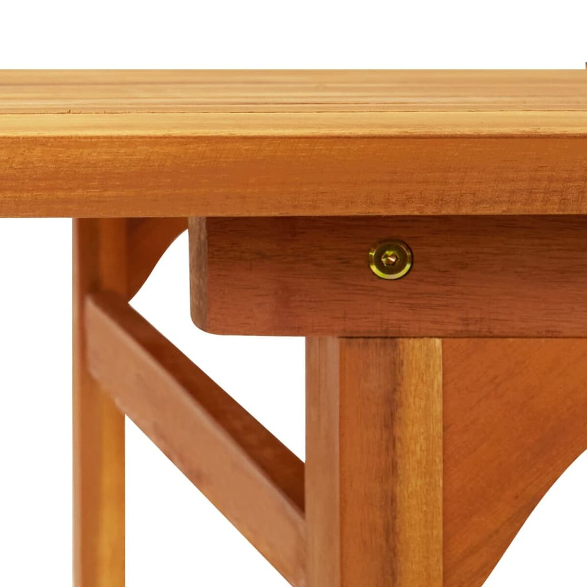 Detail des Holztisches. Nahaufnahme der Ecke eines Holztisches mit Schraube.