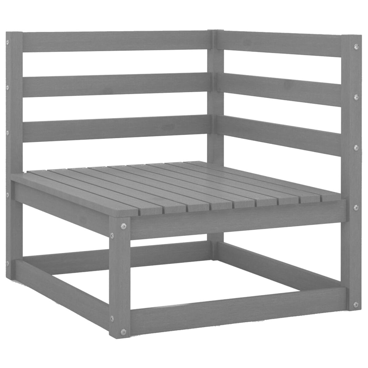Grauer Eck-Outdoor-Stuhl aus Holz mit horizontalen Rückenleisten und flacher Sitzfläche.
