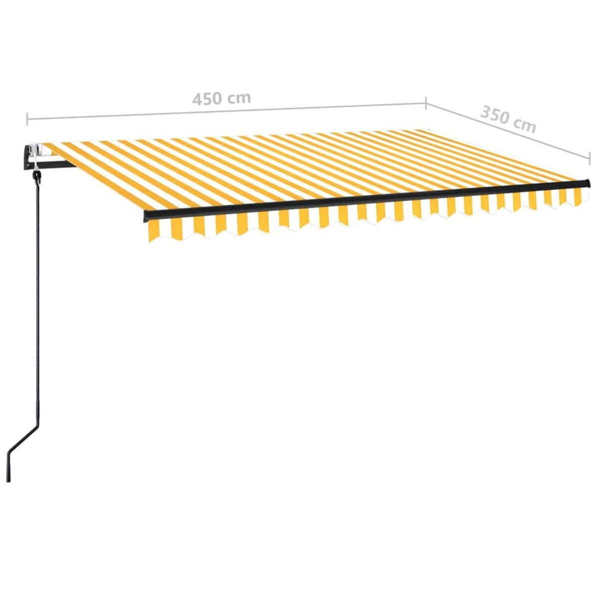 Gelb-weiß gestreifte Markise, mit den Maßen 450cm x 350cm. Schwarzer Rahmen, weißer Hintergrund.