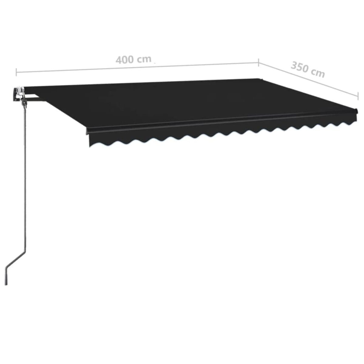 Eine schwarze ausziehbare Markise mit den Maßen 400 cm x 350 cm. Sie ist ausgefahren.