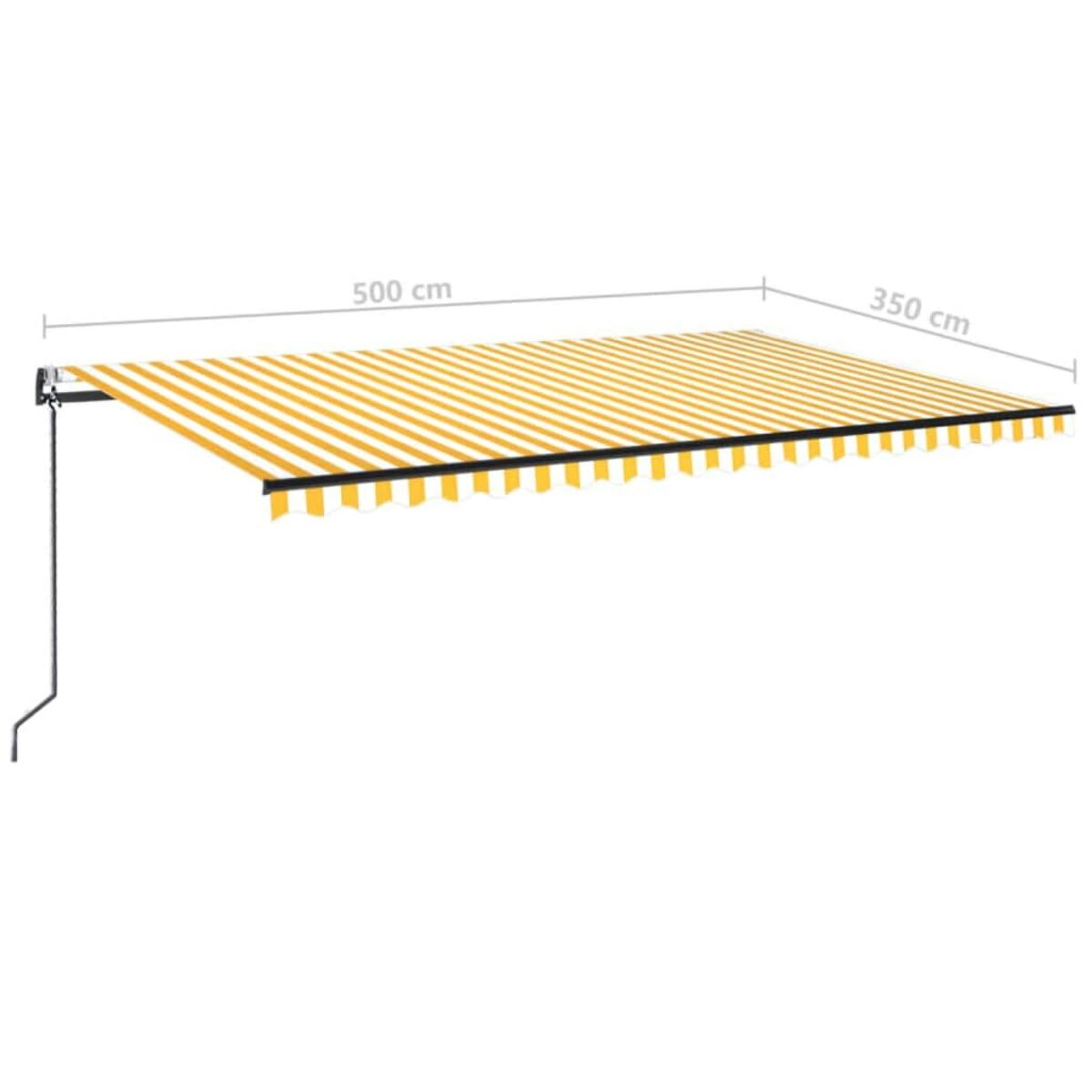 Gelb gestreifte Markise mit den Maßen 500 cm x 350 cm.