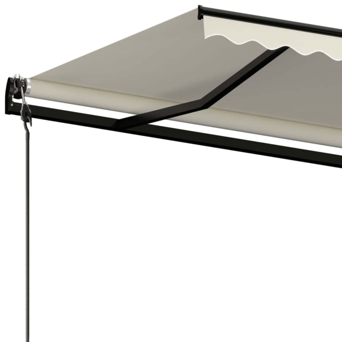 Beige Markise ausgefahren, schwarzer Rahmen auf weißem Hintergrund. Einfaches Design.