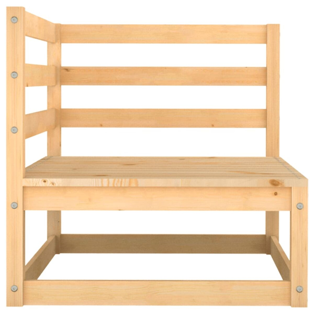 Eckstuhl aus Holz mit horizontalen Rückenlehnen und Sitzfläche.
