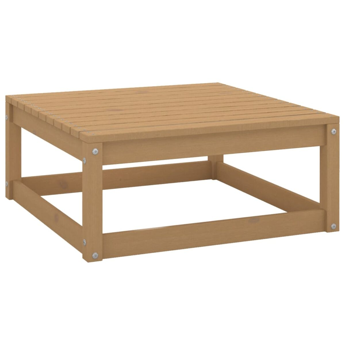 Quadratischer Holztisch für draußen. Lattenrost und Seiten, mit sichtbaren Schrauben. Hellbraune Farbe.