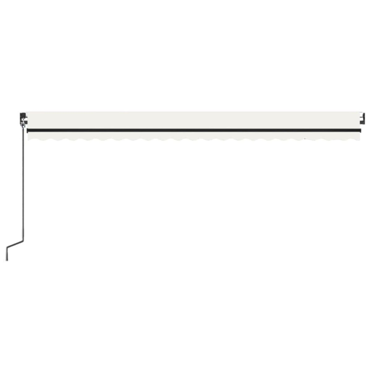 Weiße Markise mit gewelltem Rand, an einer Wand montiert. Einfaches Design.