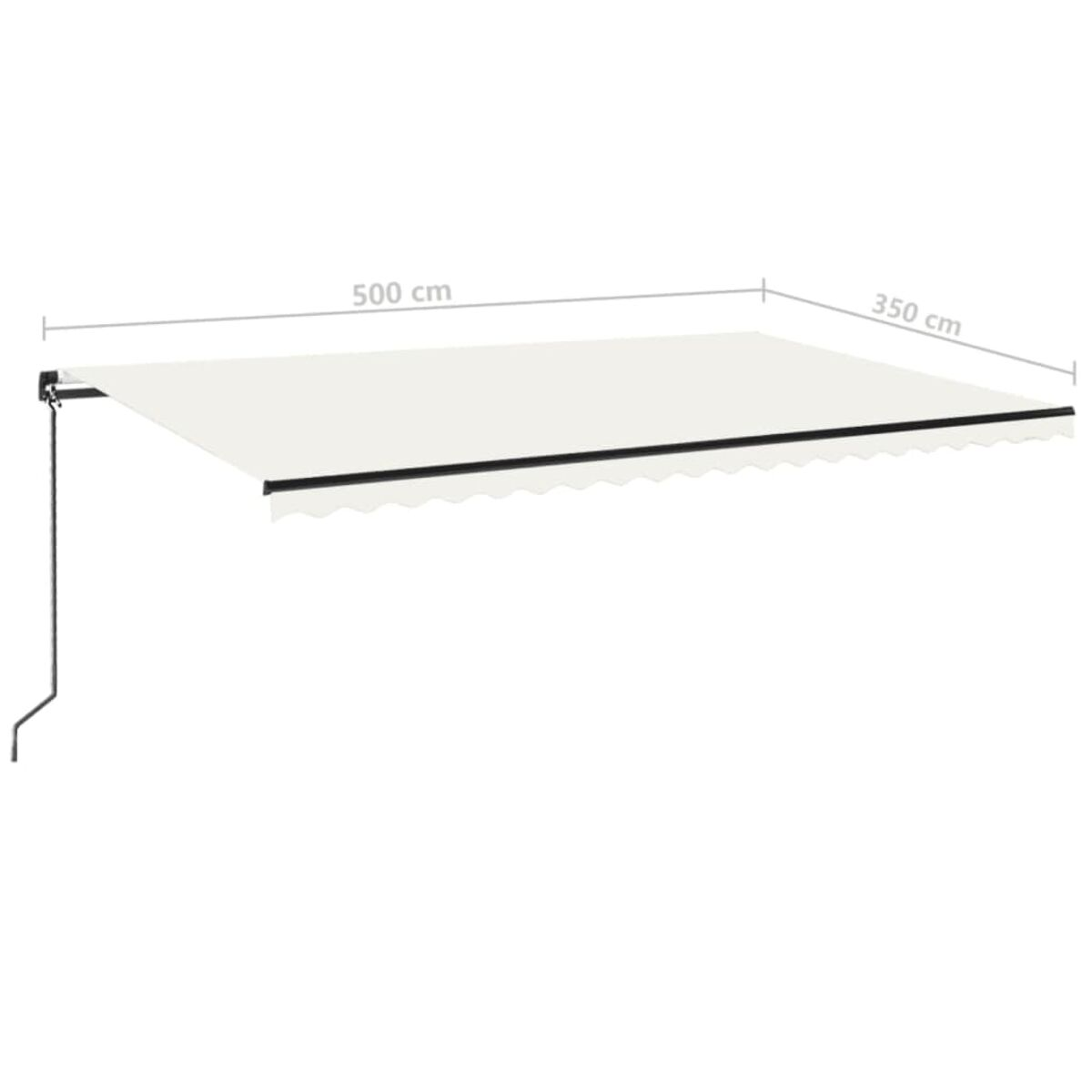 Weiße Markise mit den Maßen: 500 cm lang und 350 cm breit. Sie ist ausgefahren.