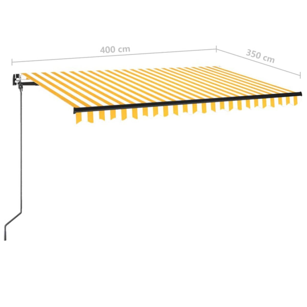 Gelb-weiß gestreifte Markise, Maße 400x350 cm, mit Messungen.