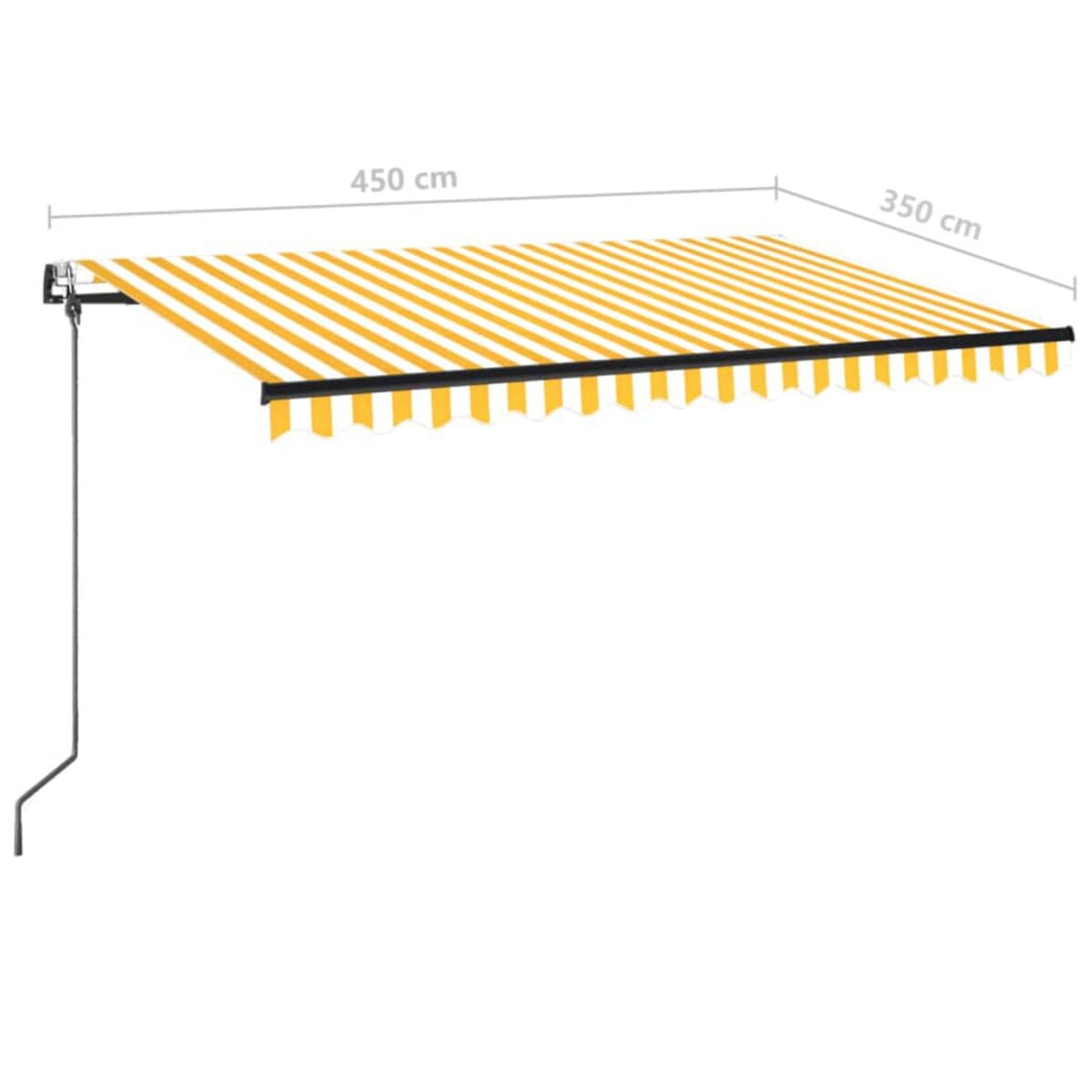 Gelb-weiß gestreifte Markise, ausgefahren. Abmessungen: 450 cm x 350 cm. Weißer Hintergrund.