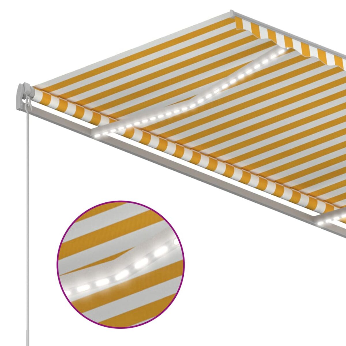 Gelb-weiß gestreifte Markise mit LED-Leuchten. Detail zeigt Nahaufnahme der Lichter.