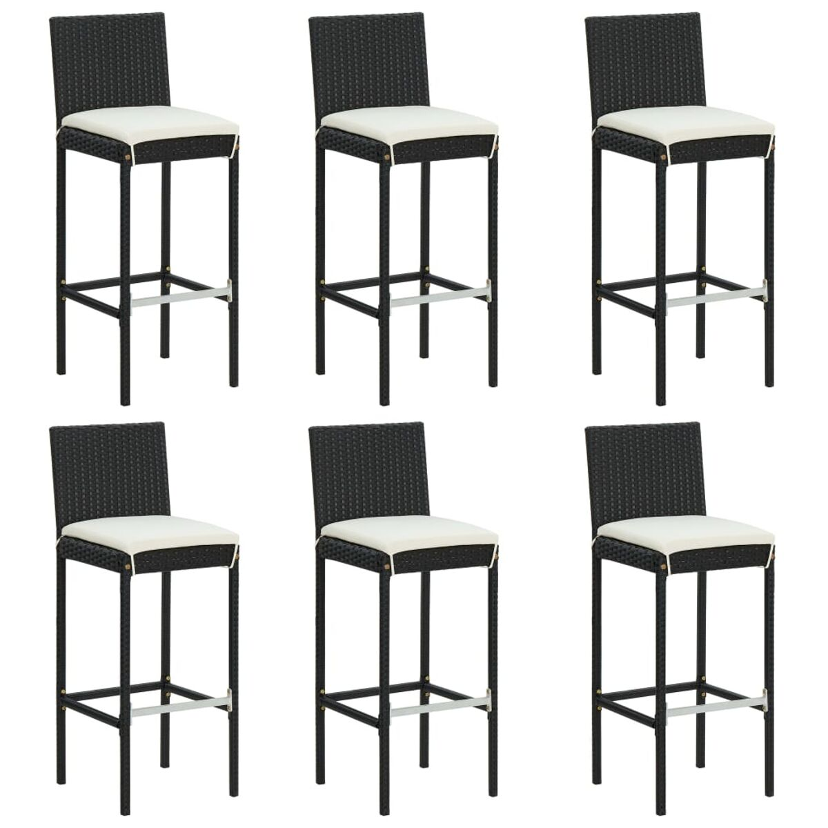 Sechs schwarze Barhocker mit weißen Kissen. Sie haben Fußstützen. Weißer Hintergrund.
