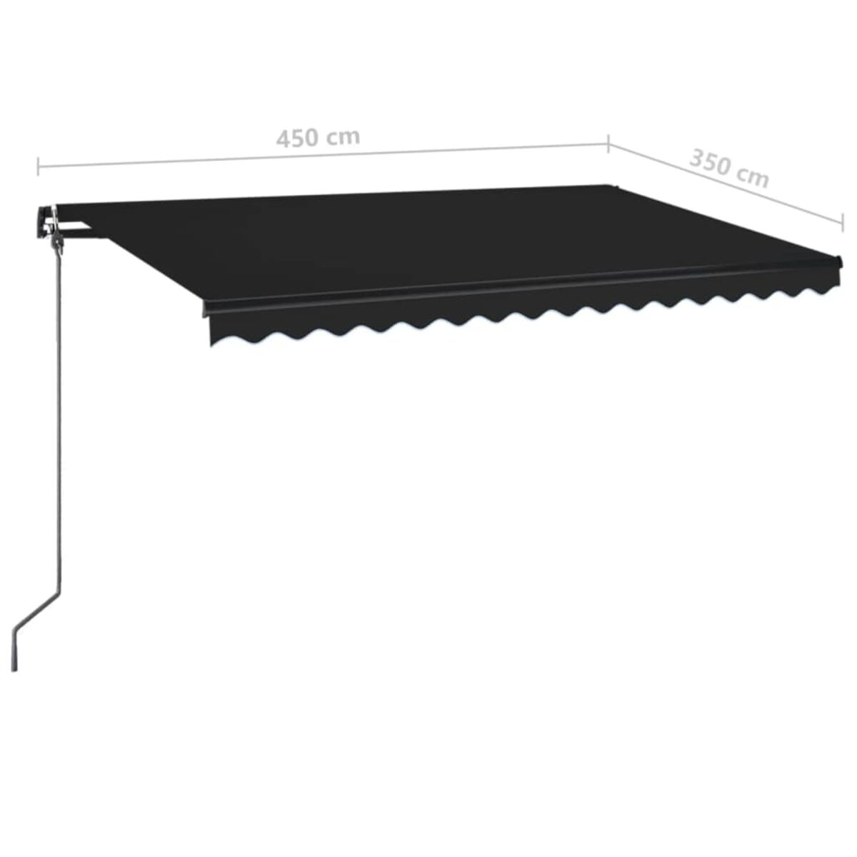 Eine schwarze Markise mit den Maßen 450 cm x 350 cm, ausgefahren. Hintergrund ist weiß.
