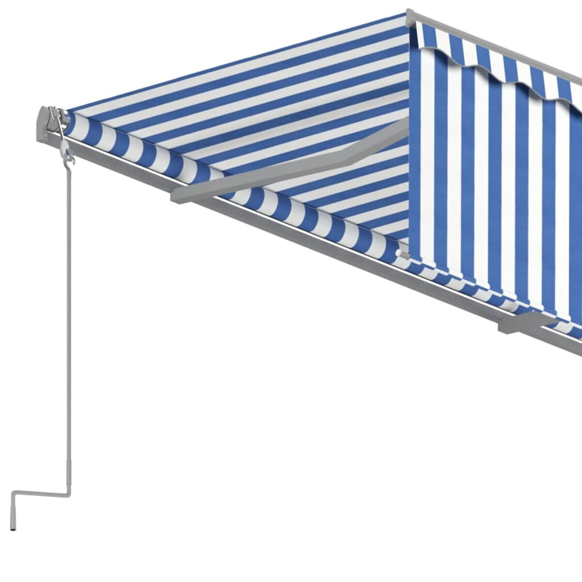 Blau-weiß gestreifte Markise, Nahaufnahme der Seite und des Mechanismus.