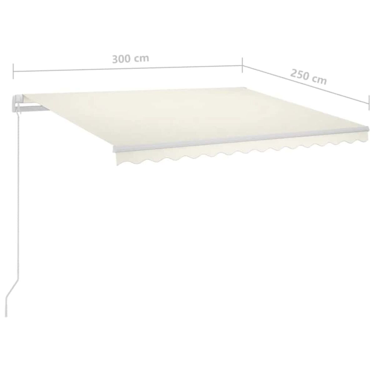 Ausgefahrene Markise, beige. An einer weißen Wand befestigt. Abmessungen: 300 cm x 250 cm.