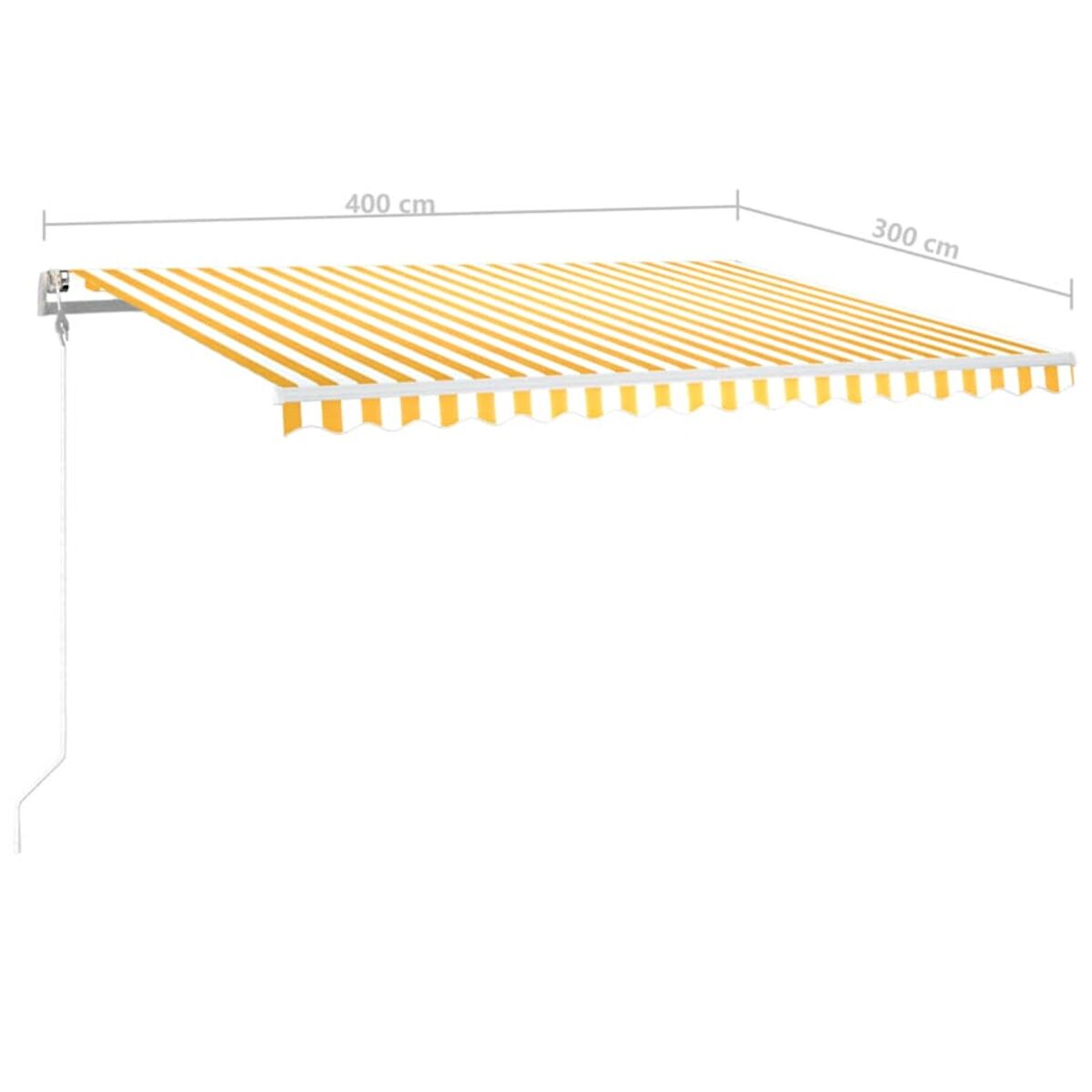 Eine Markise mit gelben und weißen Streifen, mit den Maßen 400 cm x 300 cm. Weißer Hintergrund.