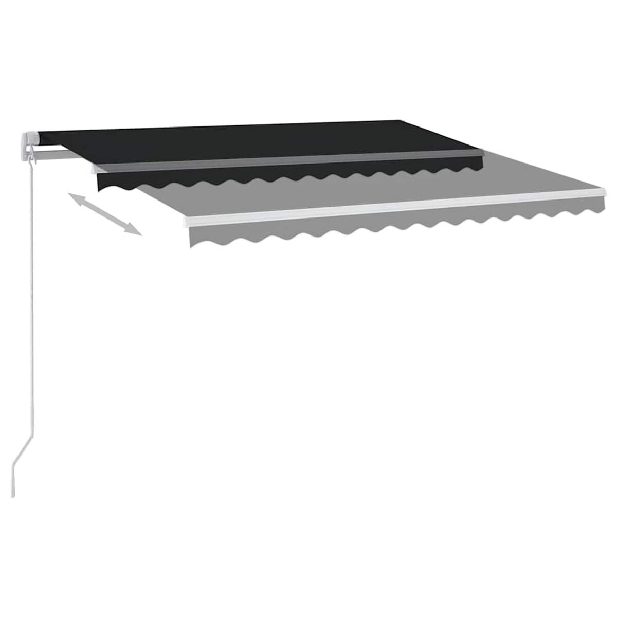 Eine schwarze Markise, eingefahren und ausgefahren, mit weißem Hintergrund.