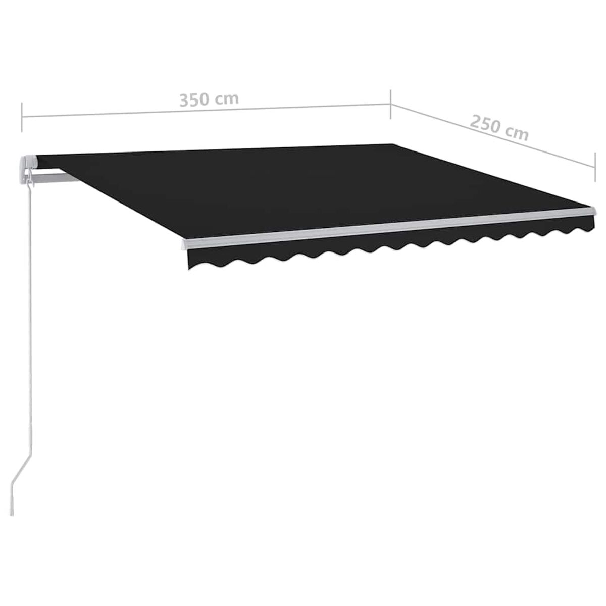 Schwarze Markise ausgezogen, Abmessungen 350 cm x 250 cm, mit weißem Wellenrand am unteren Rand.