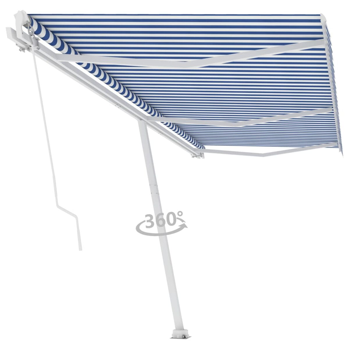 Markise mit blau-weißen Streifen. Sie hat eine Stützstruktur und eine Kurbel.