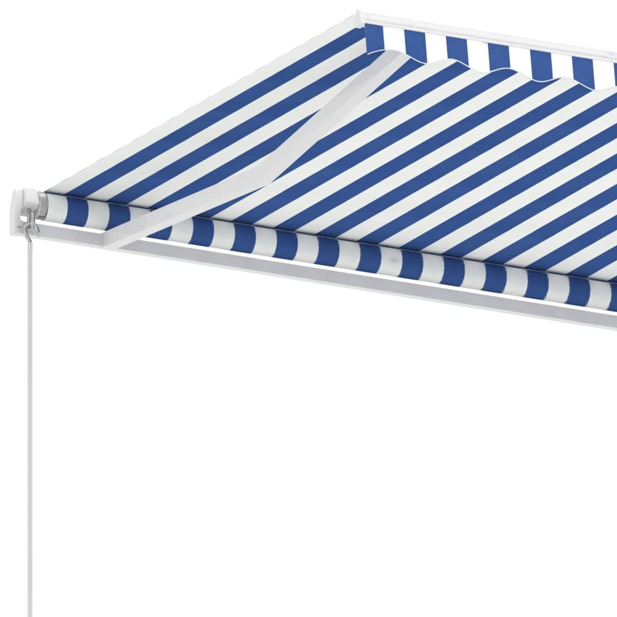 Nahaufnahme eines blau-weiß gestreiften Markisen mit weißem Rahmen und Befestigungsdetails.