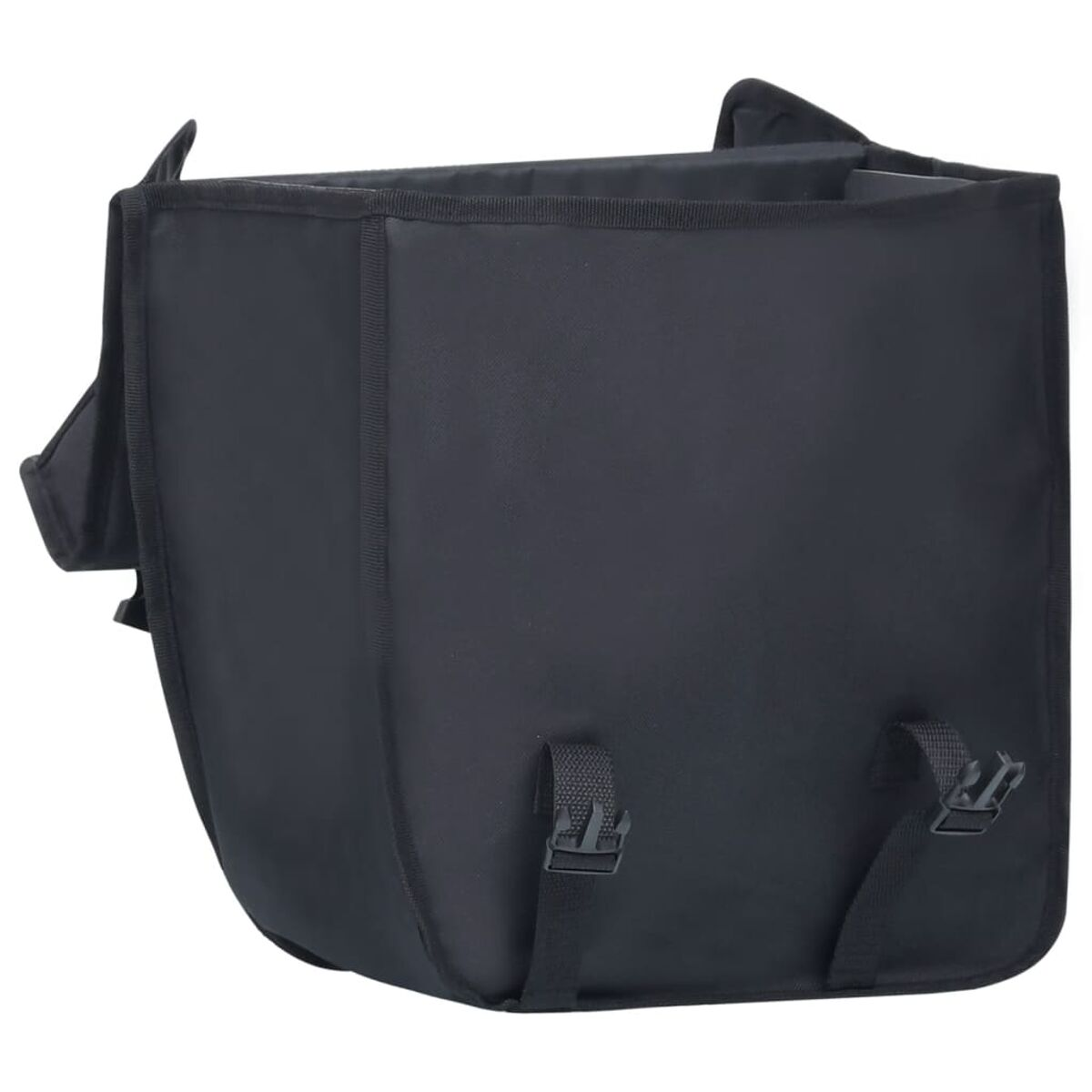 Schwarze Tasche mit Schnallen. Die Tasche besteht aus dunklem Material.