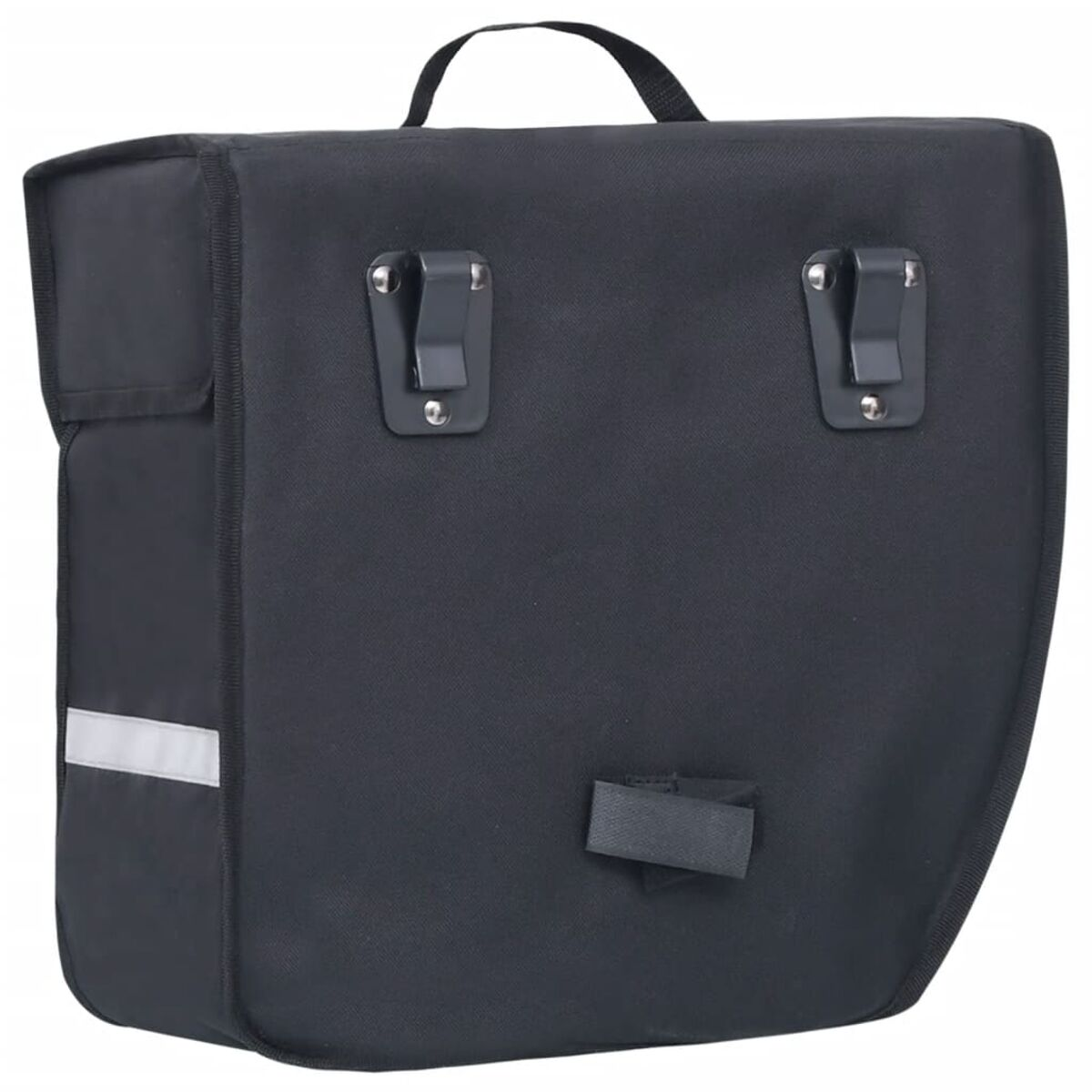 Schwarze Fahrrad-Gepäcktasche mit Reflexstreifen und zwei Clips zur Befestigung.