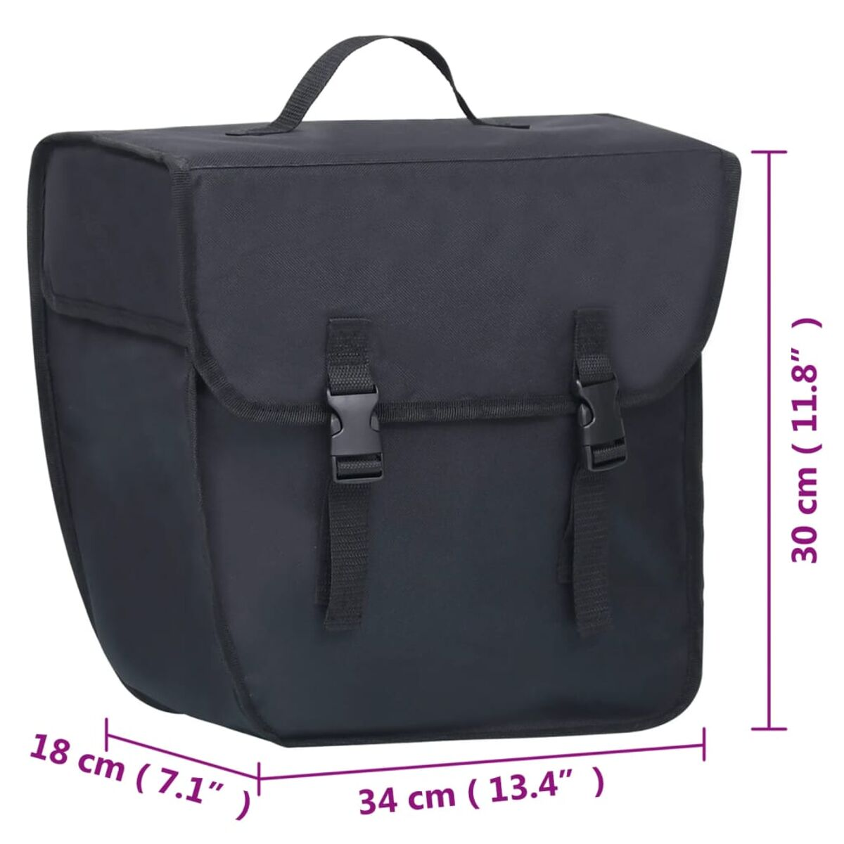 Schwarze Fahrradtasche mit Griff und Schnallen. Abmessungen sind auf dem Bild angegeben.