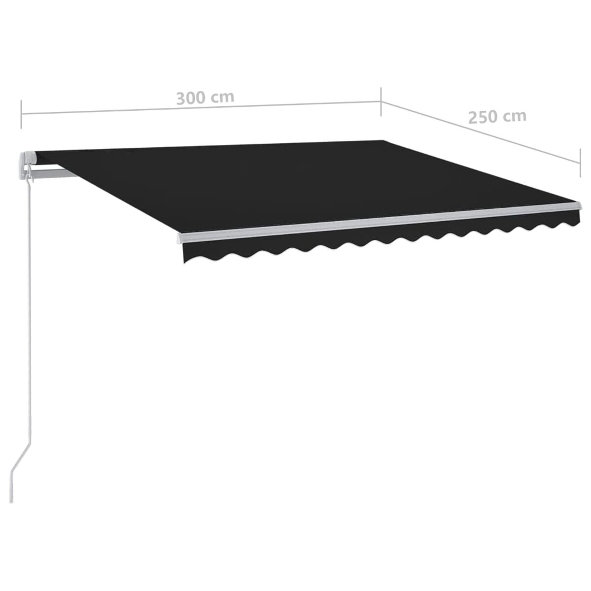 Schwarze Markise, mit gewelltem Rand, an einem weißen Rahmen befestigt. Maße: 300 cm x 250 cm.