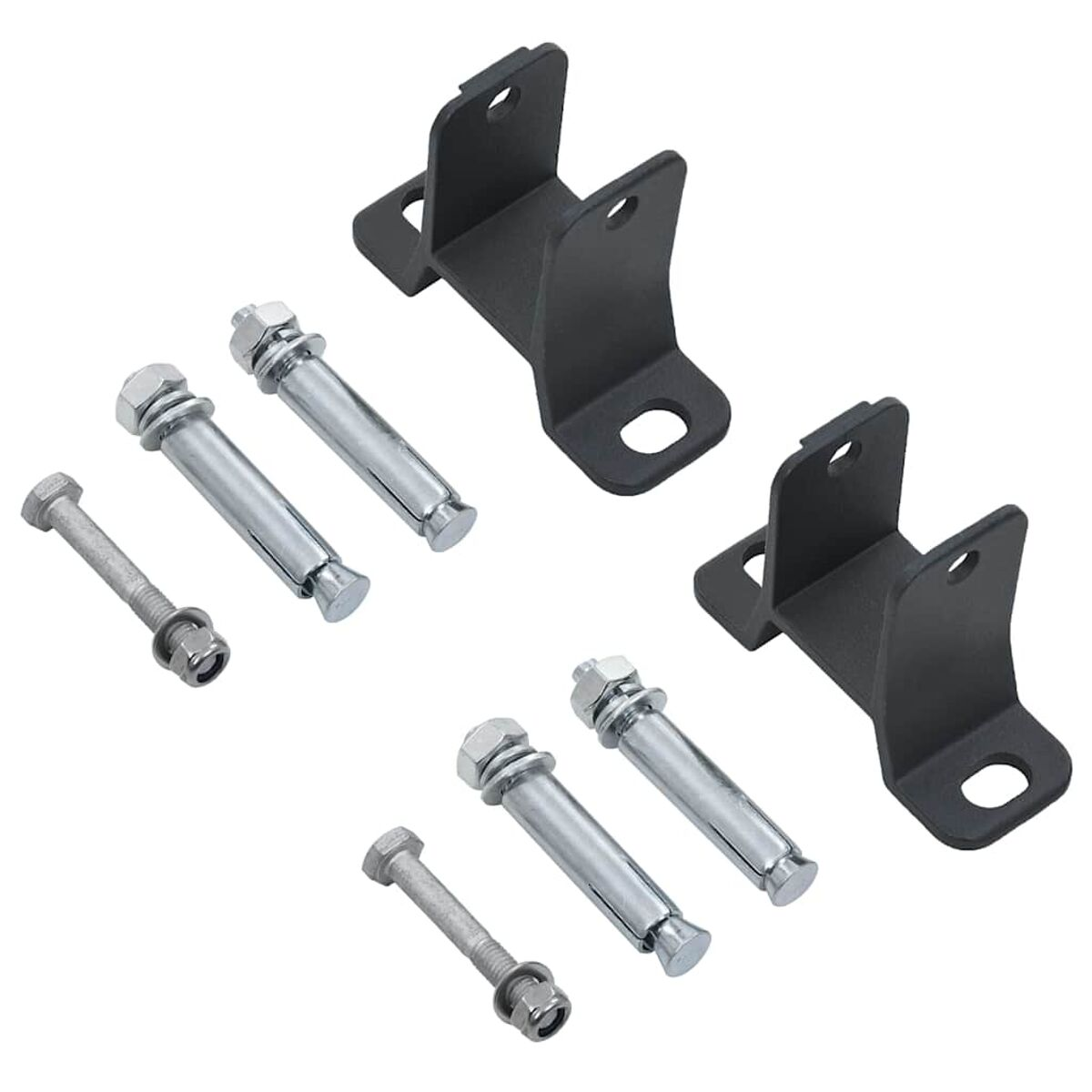 Hardware-Set: Schwarze Metallwinkel, Schrauben und silberne Spreizdübel.