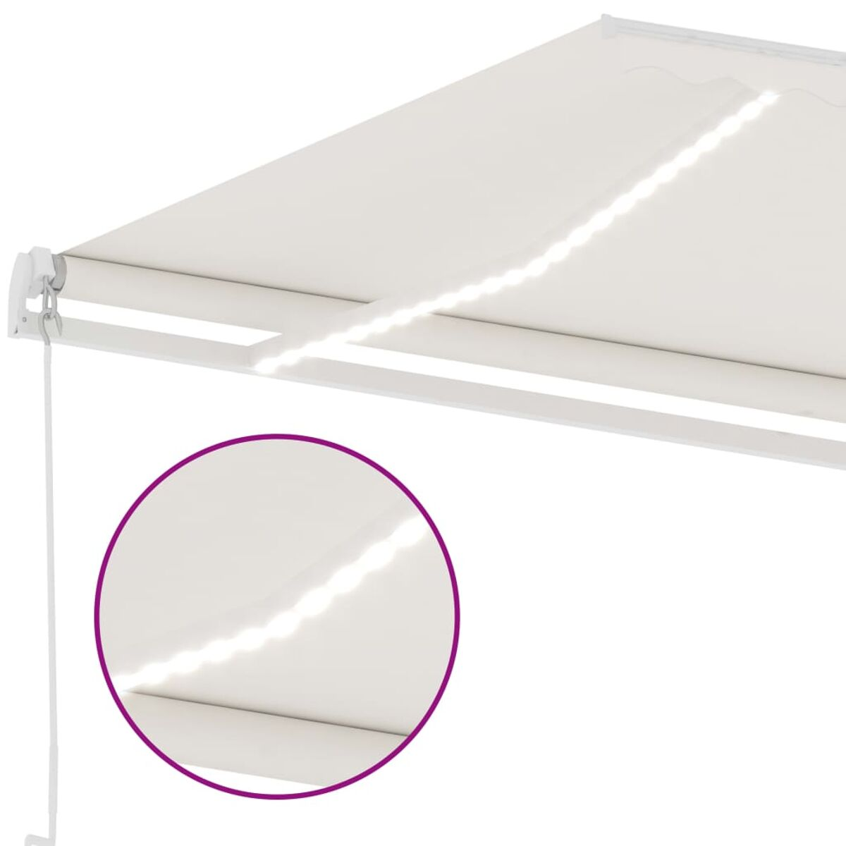 Nahaufnahme einer weißen Markise mit LED-Beleuchtung. Kreis zeigt die Lichter.